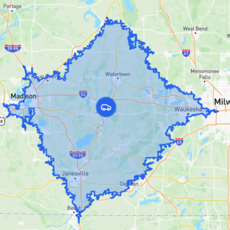 Map of Jefferson, WI showing 45min drive time radius